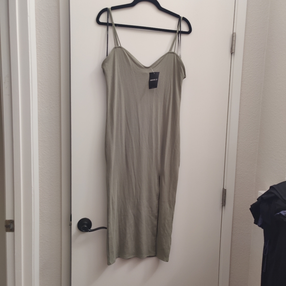 Olive green knit sweetheart neckline dress.
